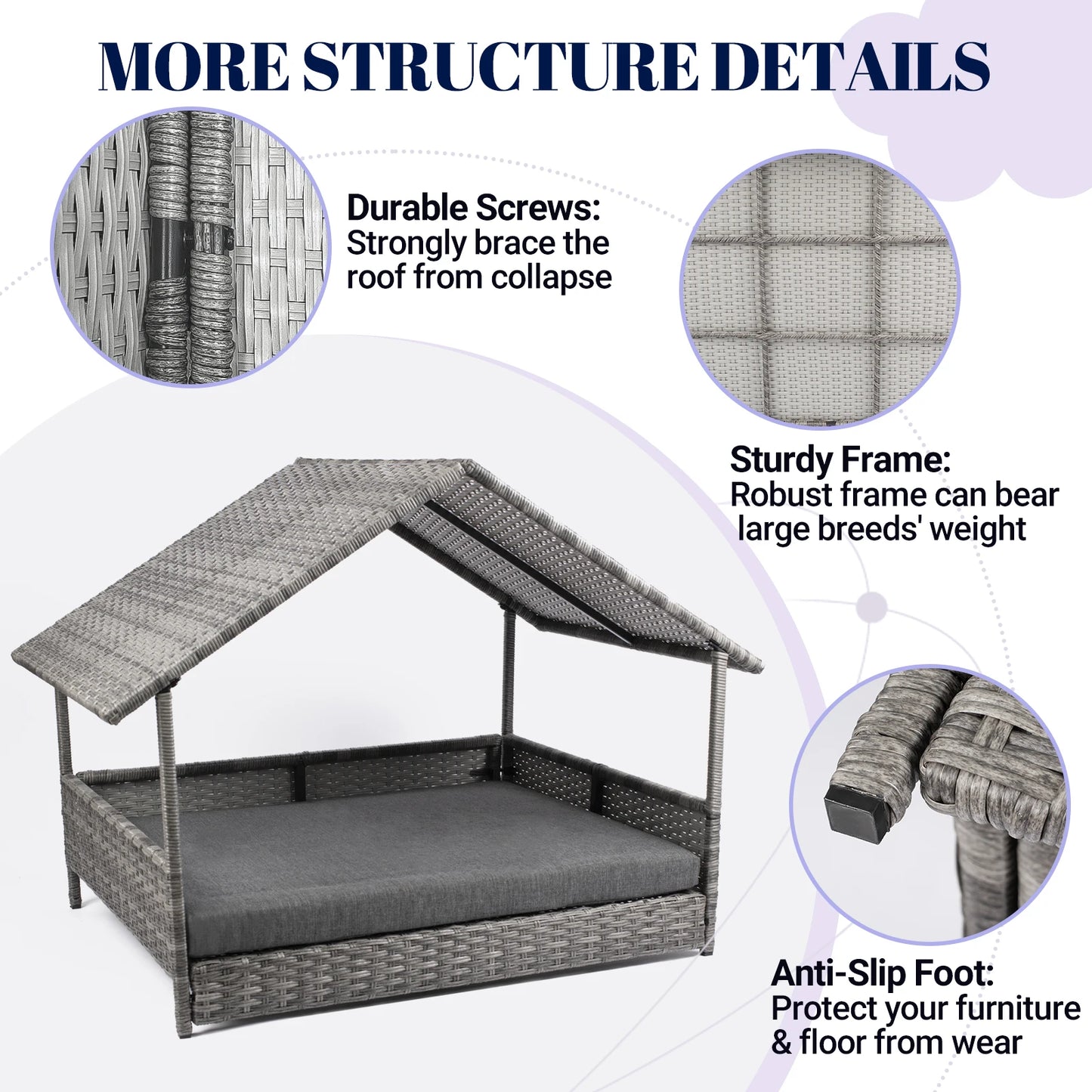 Elevated Rattan Dog House with Canopy & Waterproof Cushion