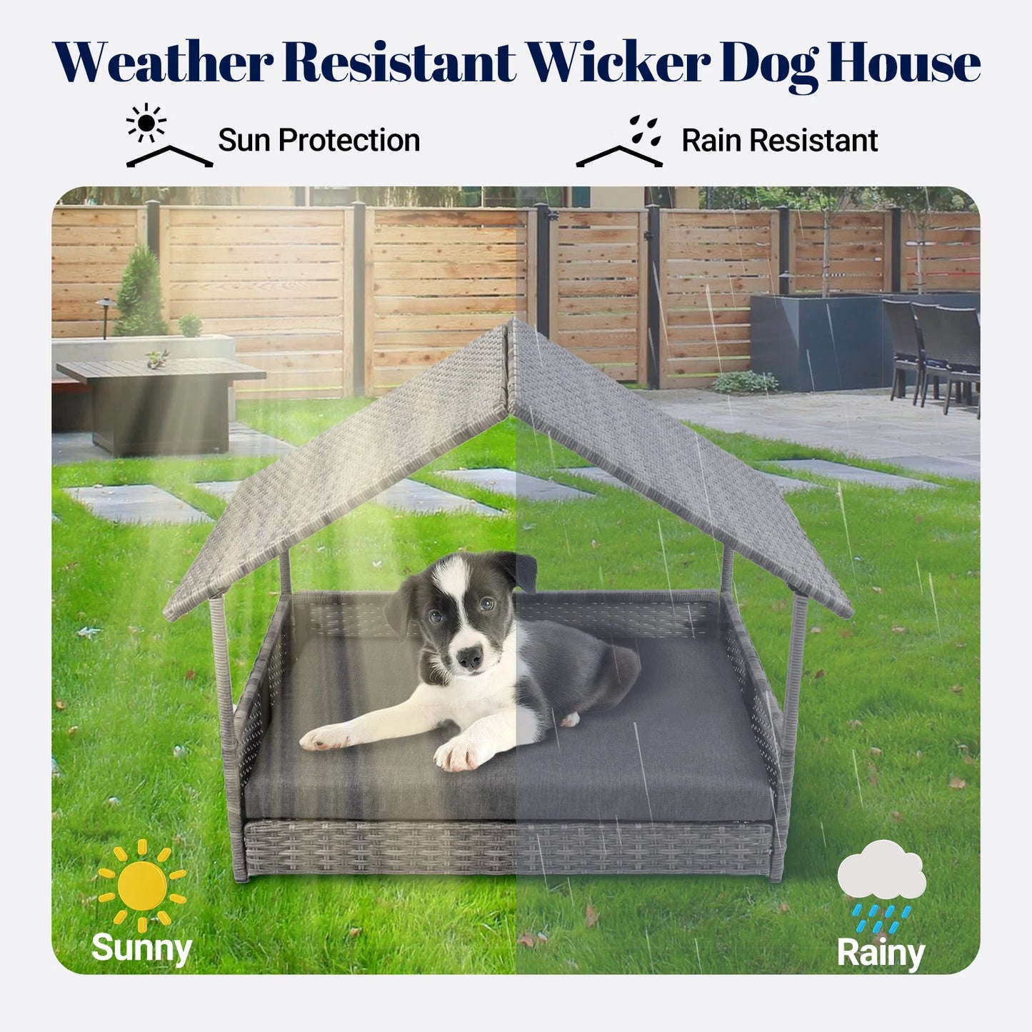 Elevated Rattan Dog House with Canopy & Waterproof Cushion