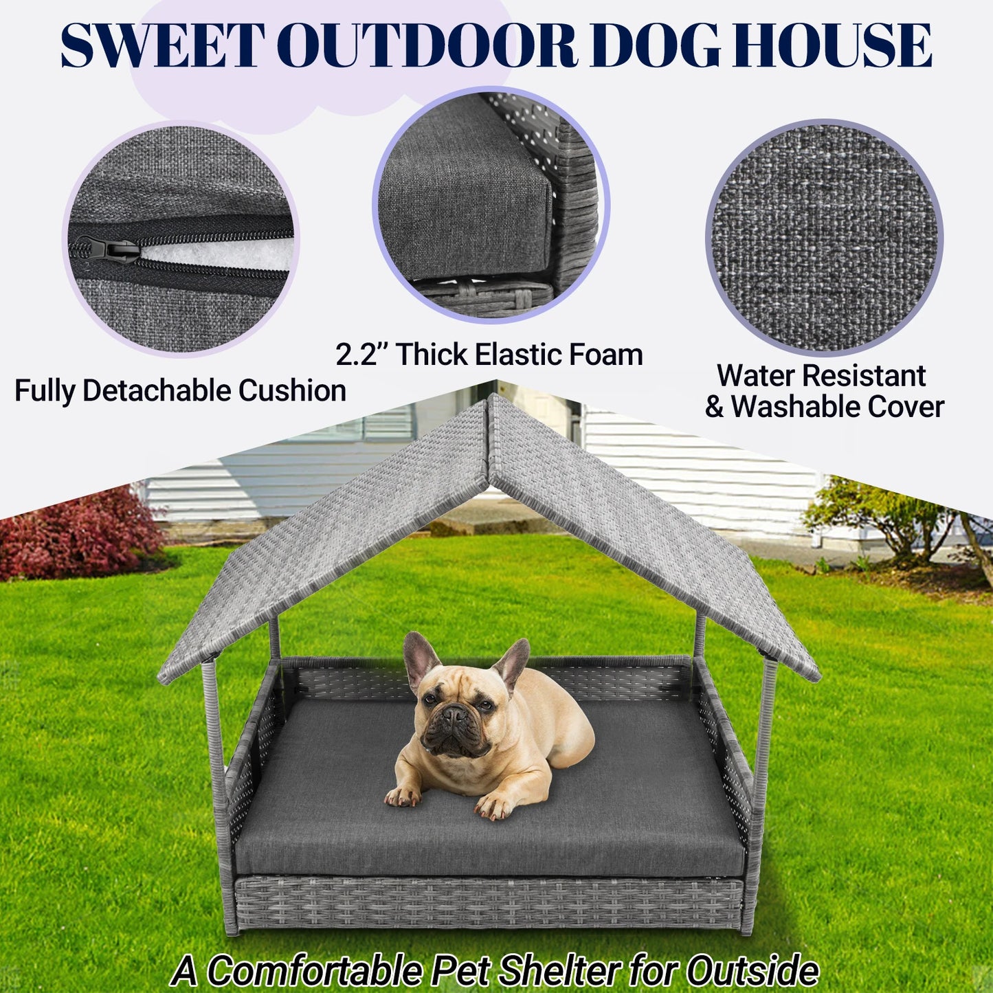 Elevated Rattan Dog House with Canopy & Waterproof Cushion