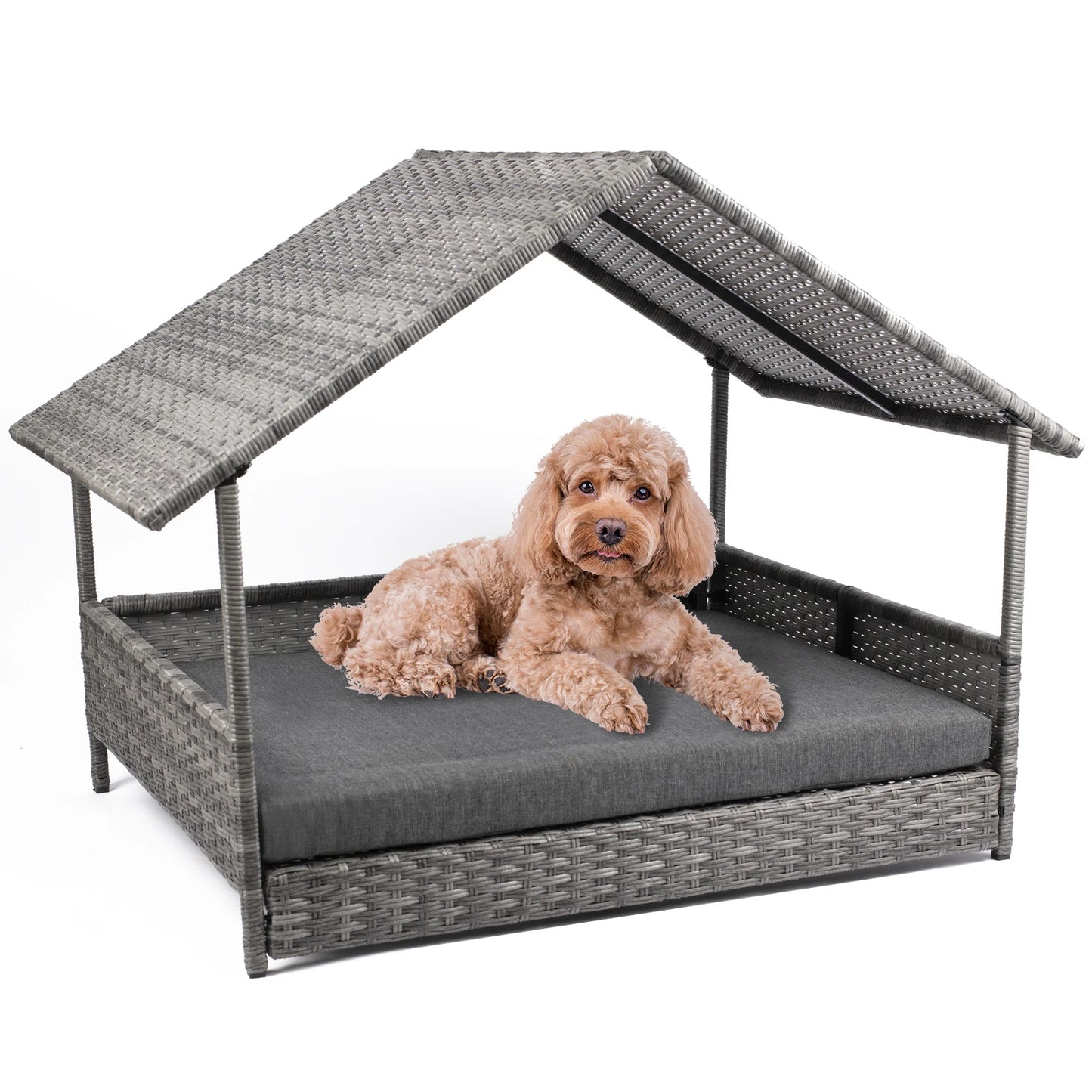 Elevated Rattan Dog House with Canopy & Waterproof Cushion